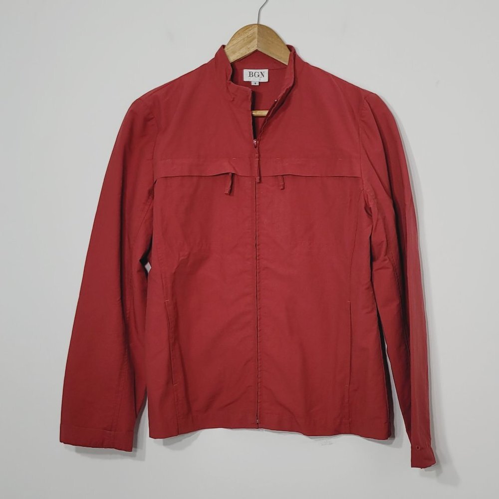 BGN Dark Red Timeless Cotton Blend Long Sleeve Full Zip Pocket Mock Collar Coat